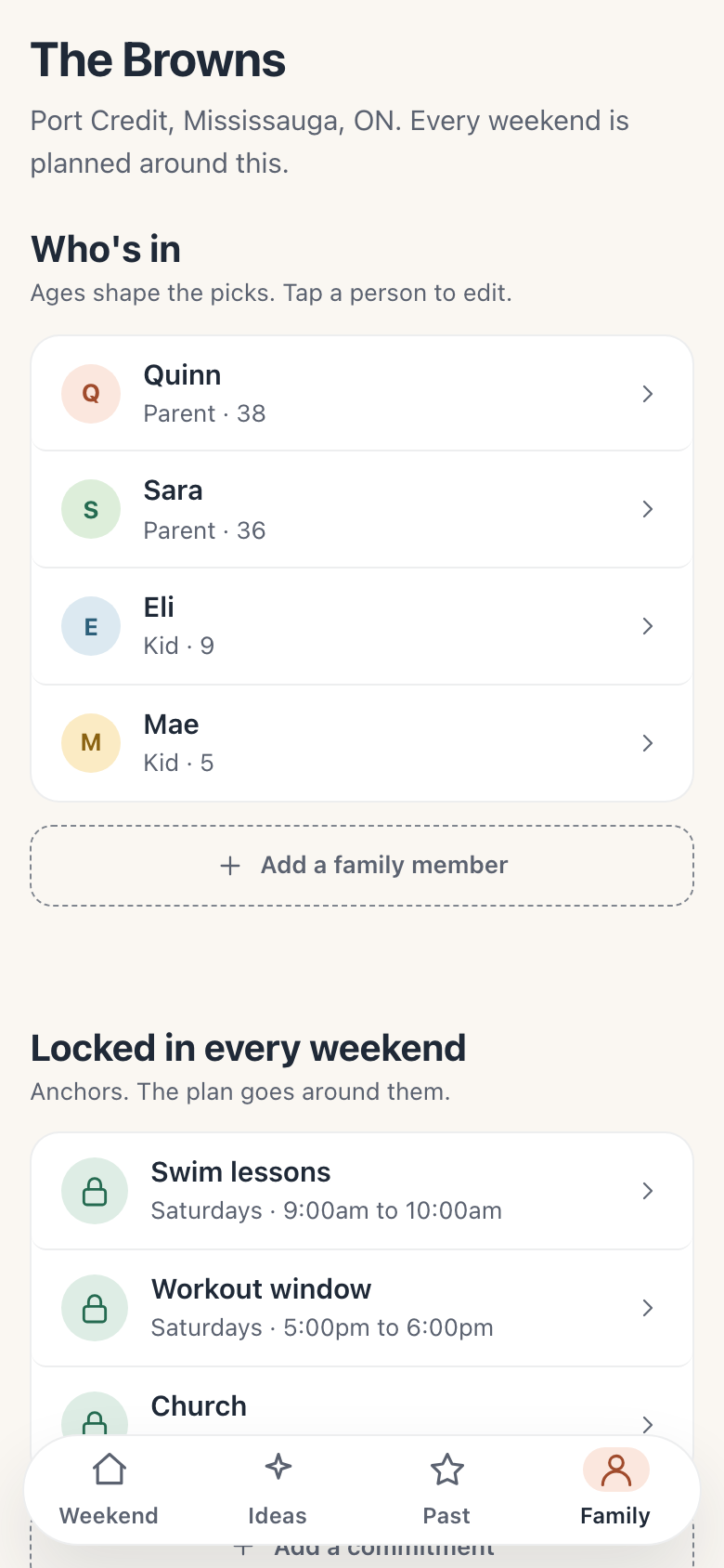 The family screen on a phone: the Browns with each member's age, and the commitments locked into every weekend
