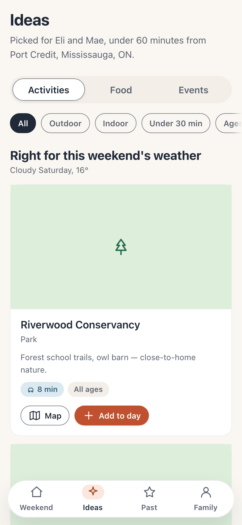 Ideas on a phone: Riverwood Conservancy, an 8-minute drive away, with Map and Add to day buttons