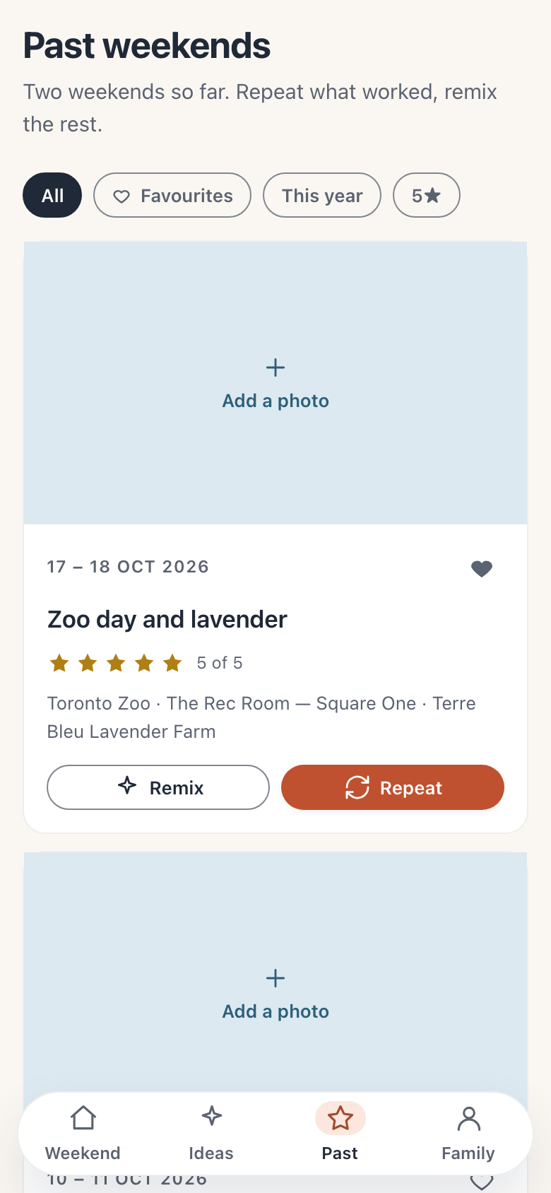 Past weekends on a phone: a five-star weekend titled Zoo day and lavender, ready to repeat or remix