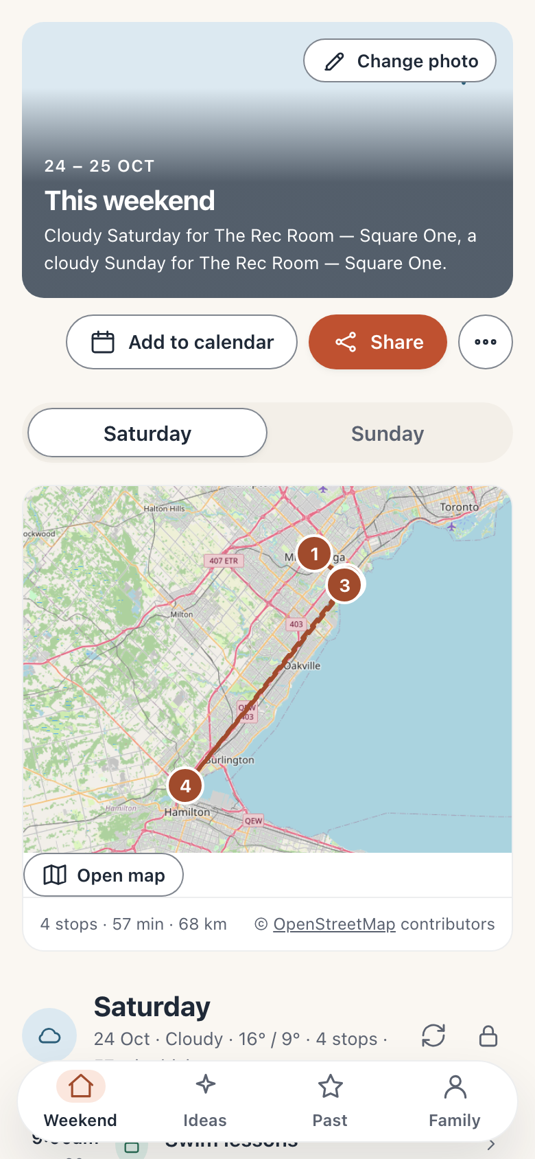Saturday on a phone: this weekend's cover above a map of the day's four stops along the lake